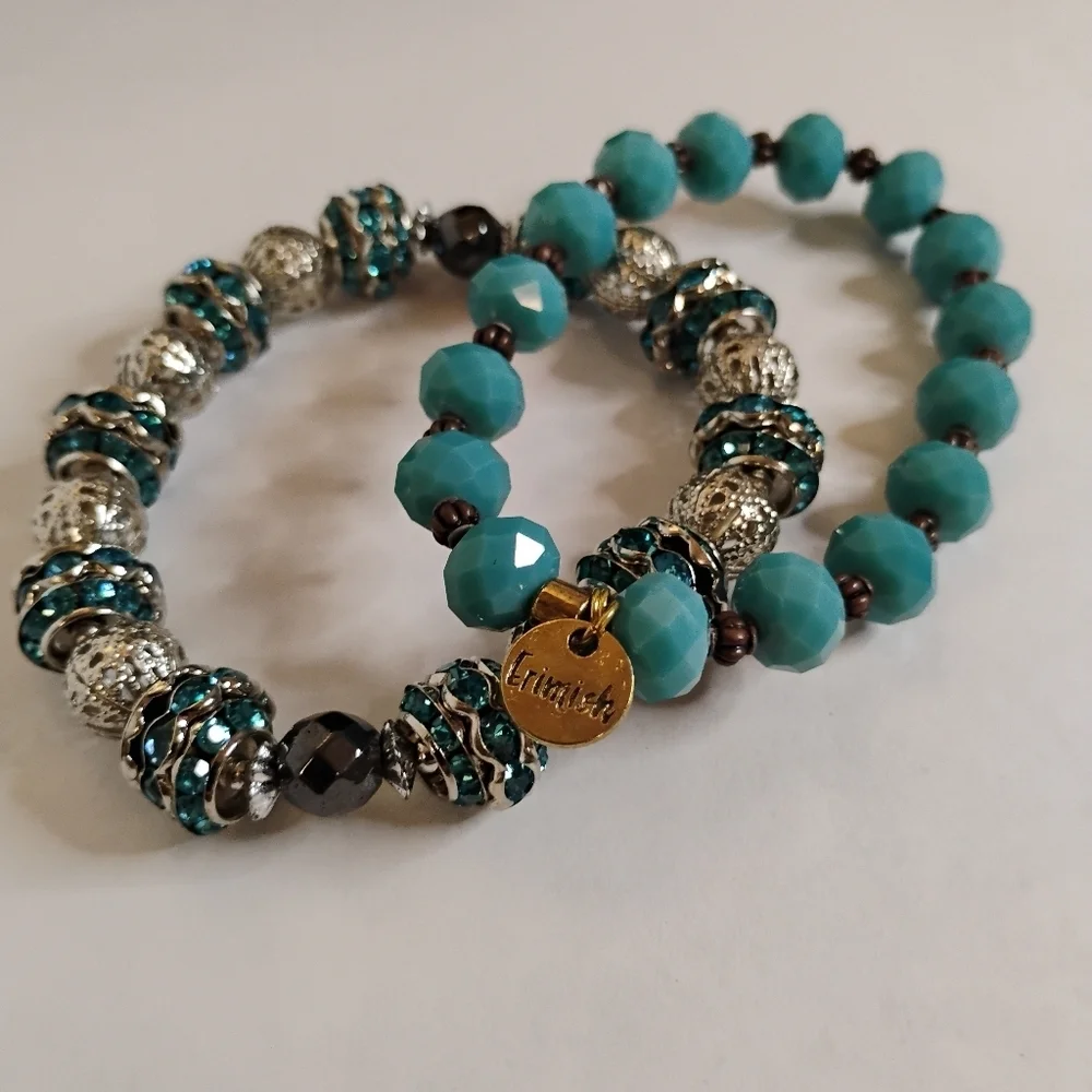 Signed Erimish Turquoise and Silver Tone Crystal Stretch Stackable‎ Bracelet Set